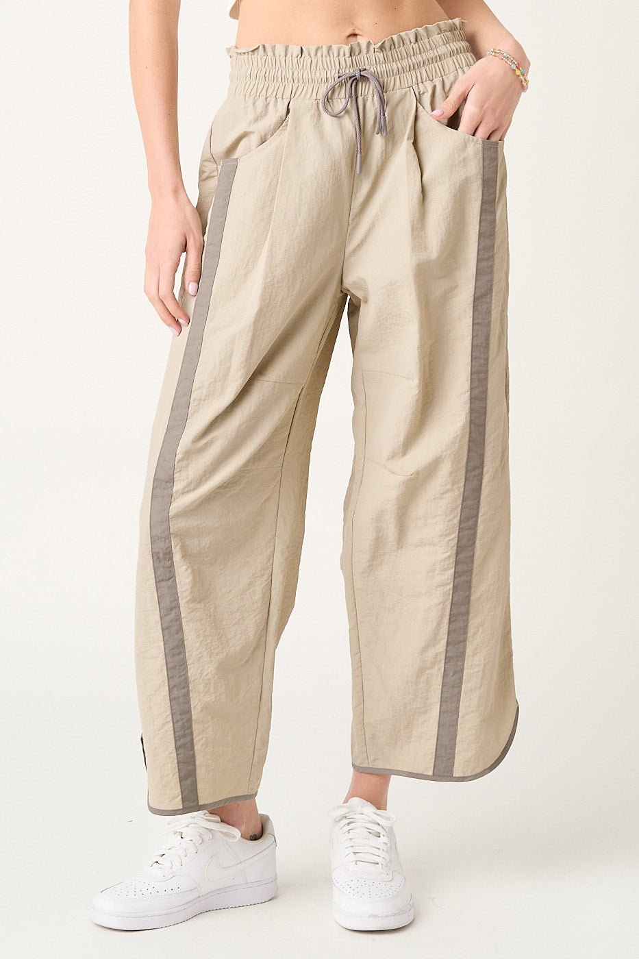 Pacer Sporty Nylon Barrel Leg Pants - Stone
