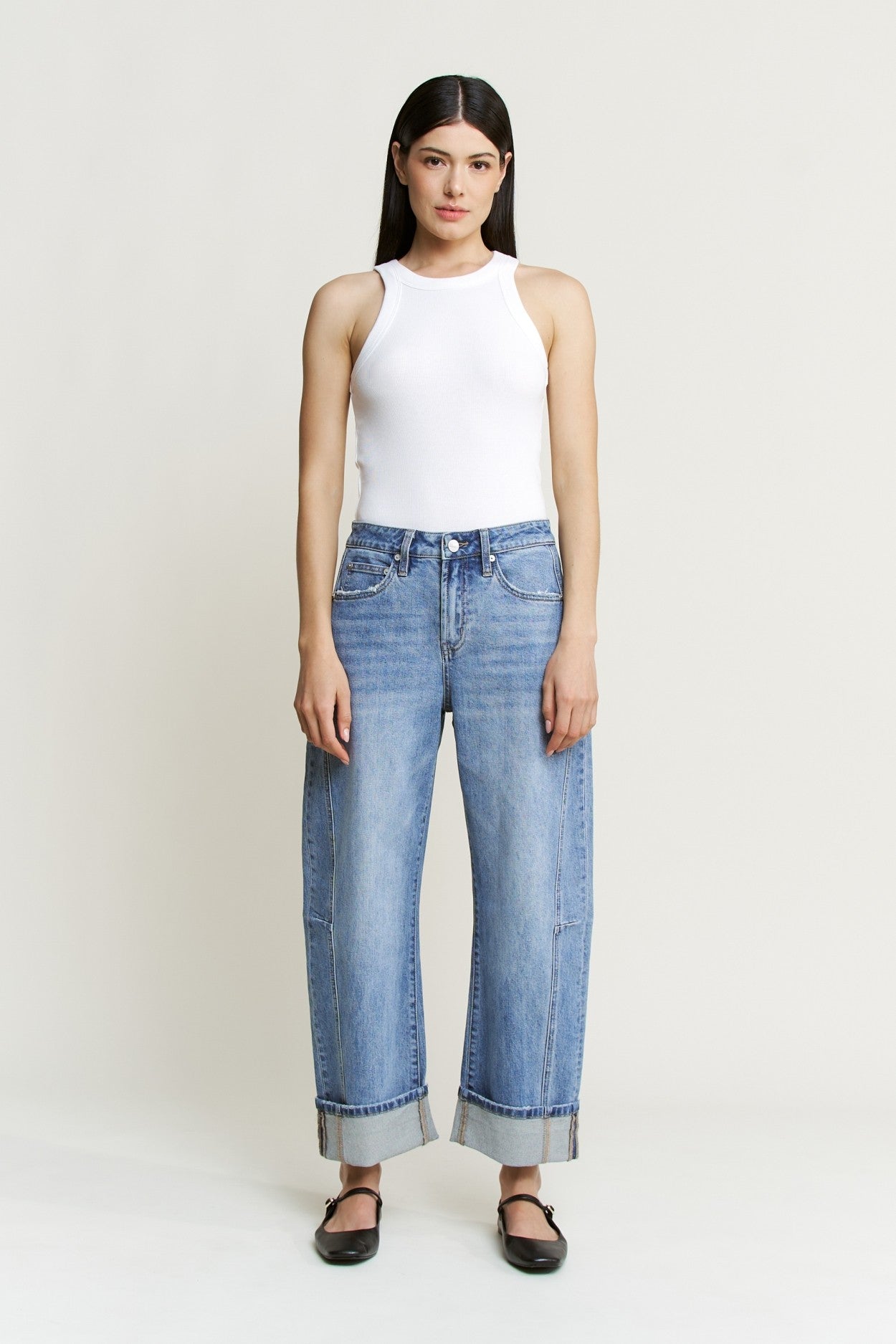 Dusty Sky High Rise Barrel-leg Detailing Cuffed Hem