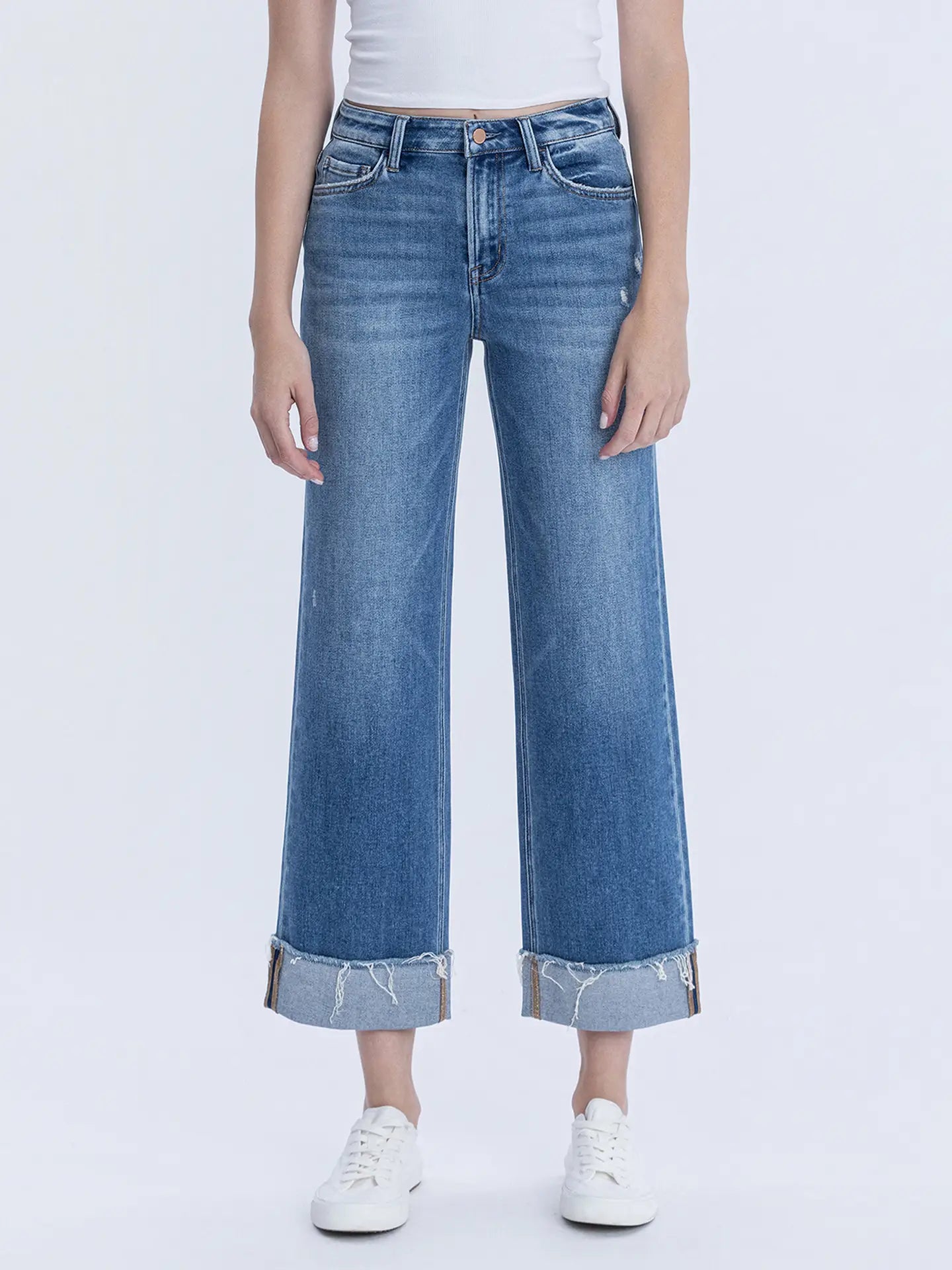 Ella High Rise Raw Cuffed Hem Slim Wide Jeans