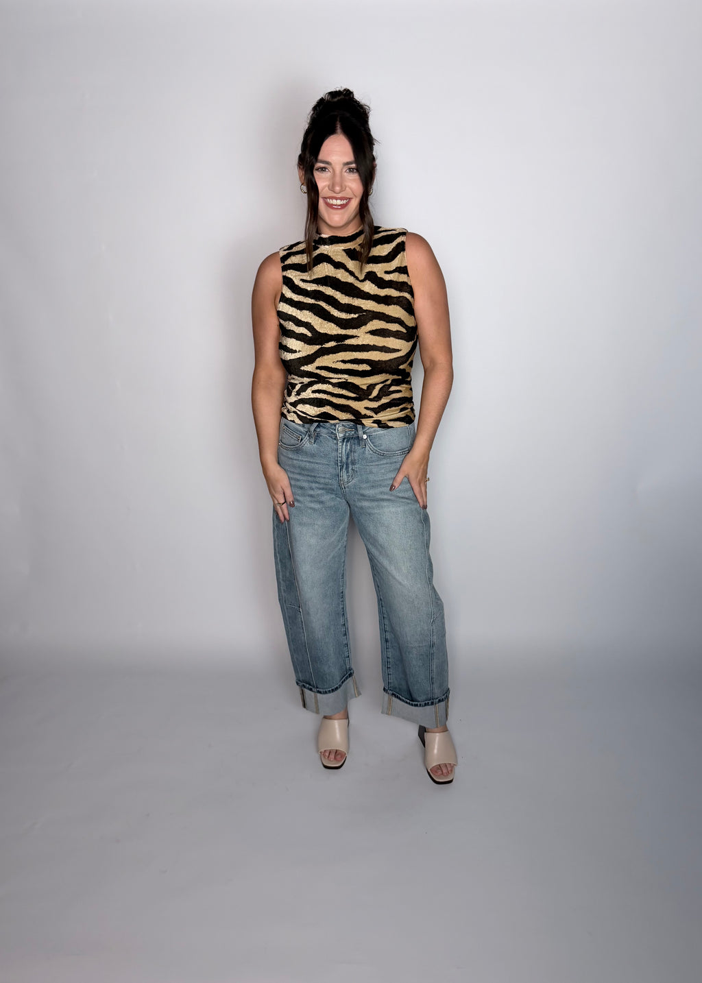 Dusty Sky High Rise Barrel-leg Detailing Cuffed Hem