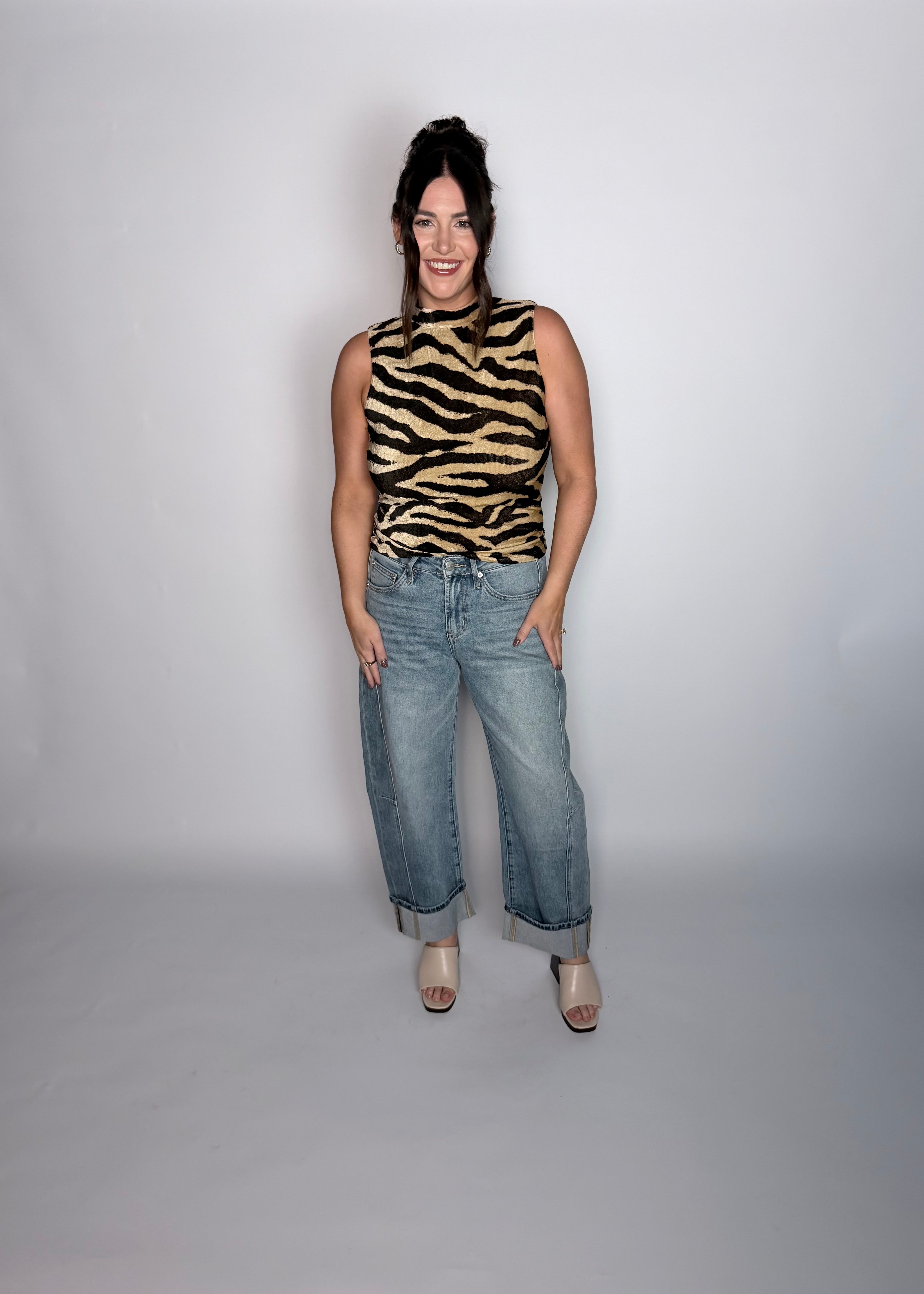 Dusty Sky High Rise Barrel-leg Detailing Cuffed Hem
