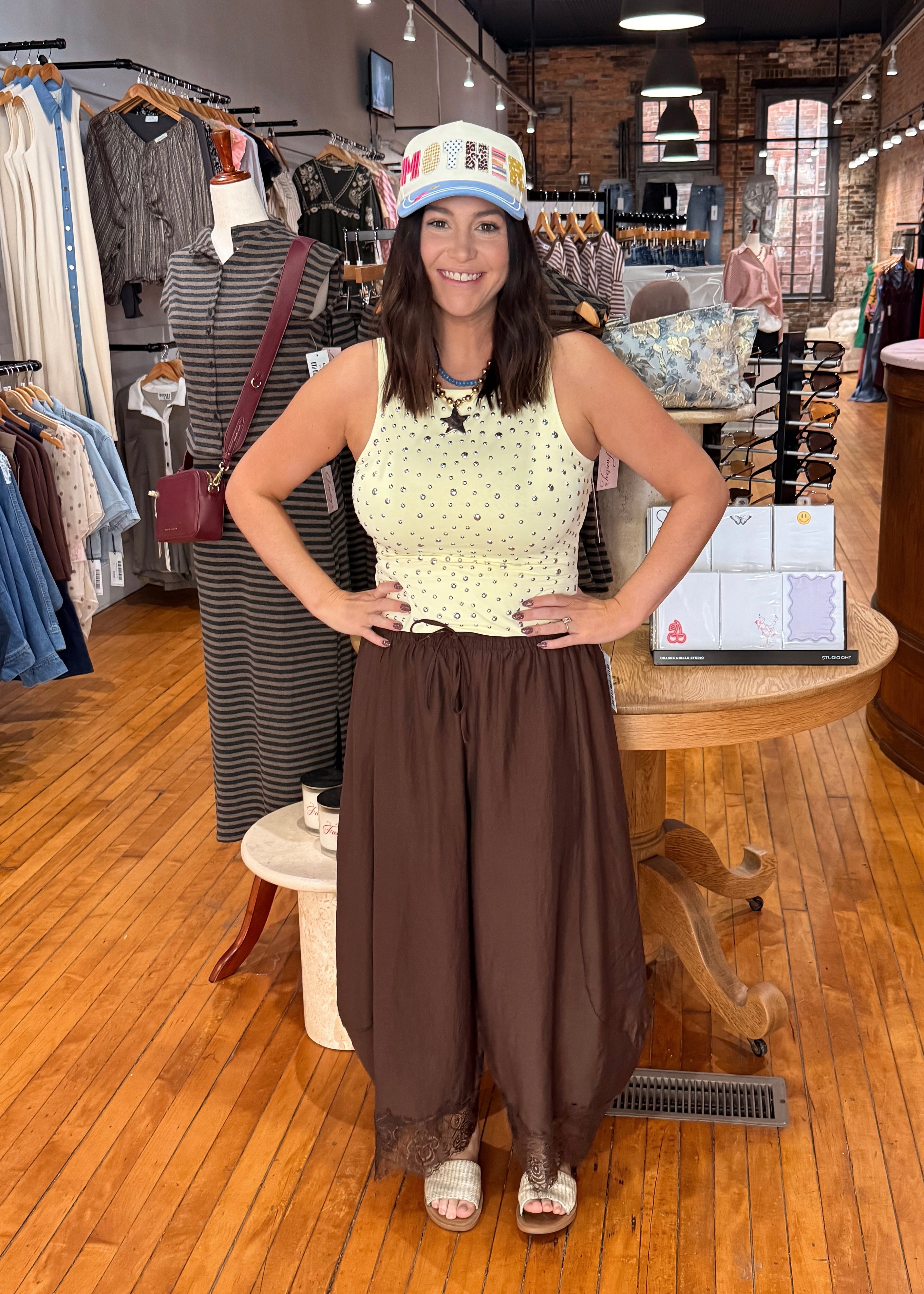Secret Language Lace Trim Balloon Pants - Chocolate